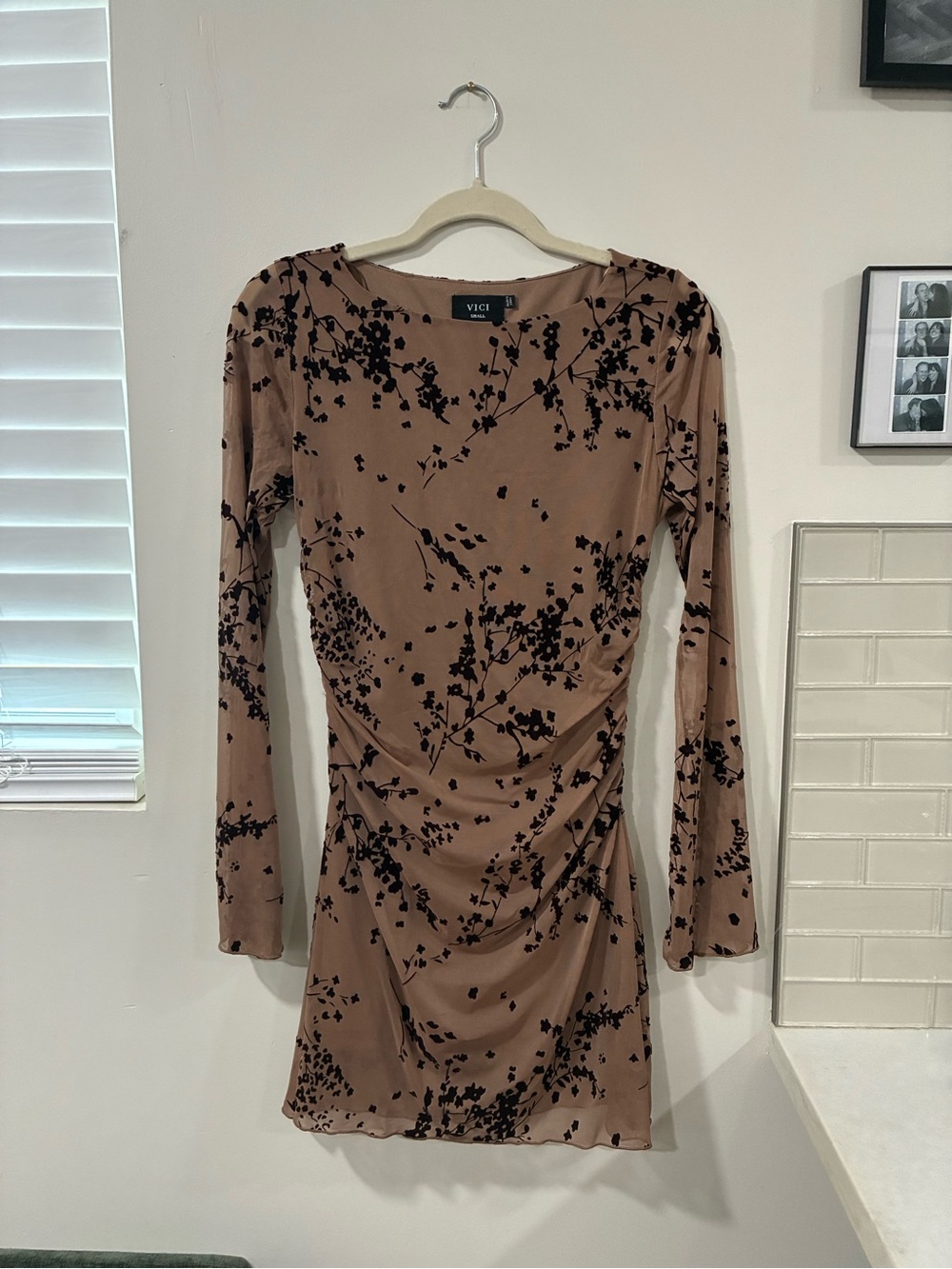 VICI Taupe Dress with Black Floral Print and Ruched Sides